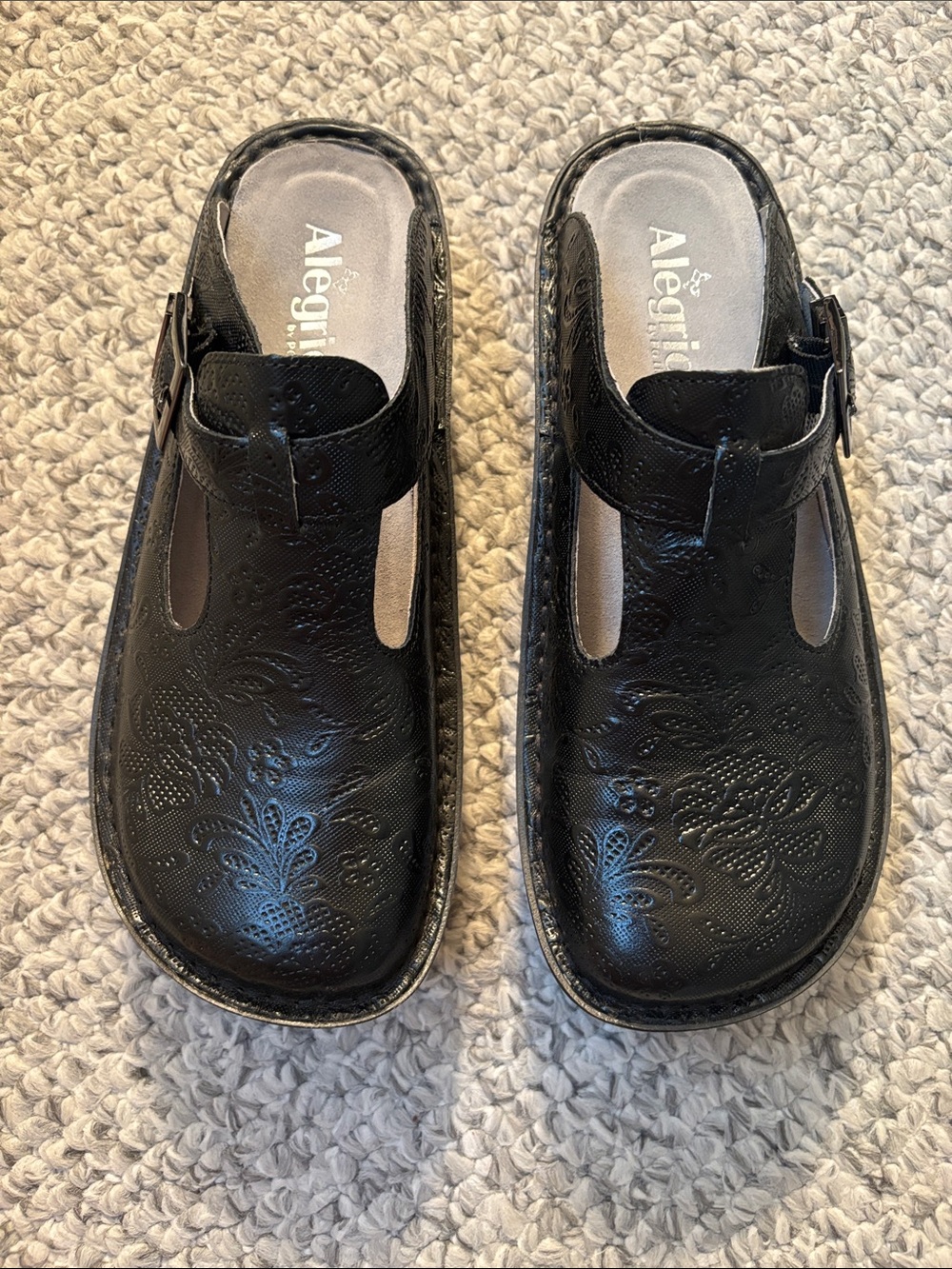 Alegria Black Embossed Slip-On Clog with Buckle